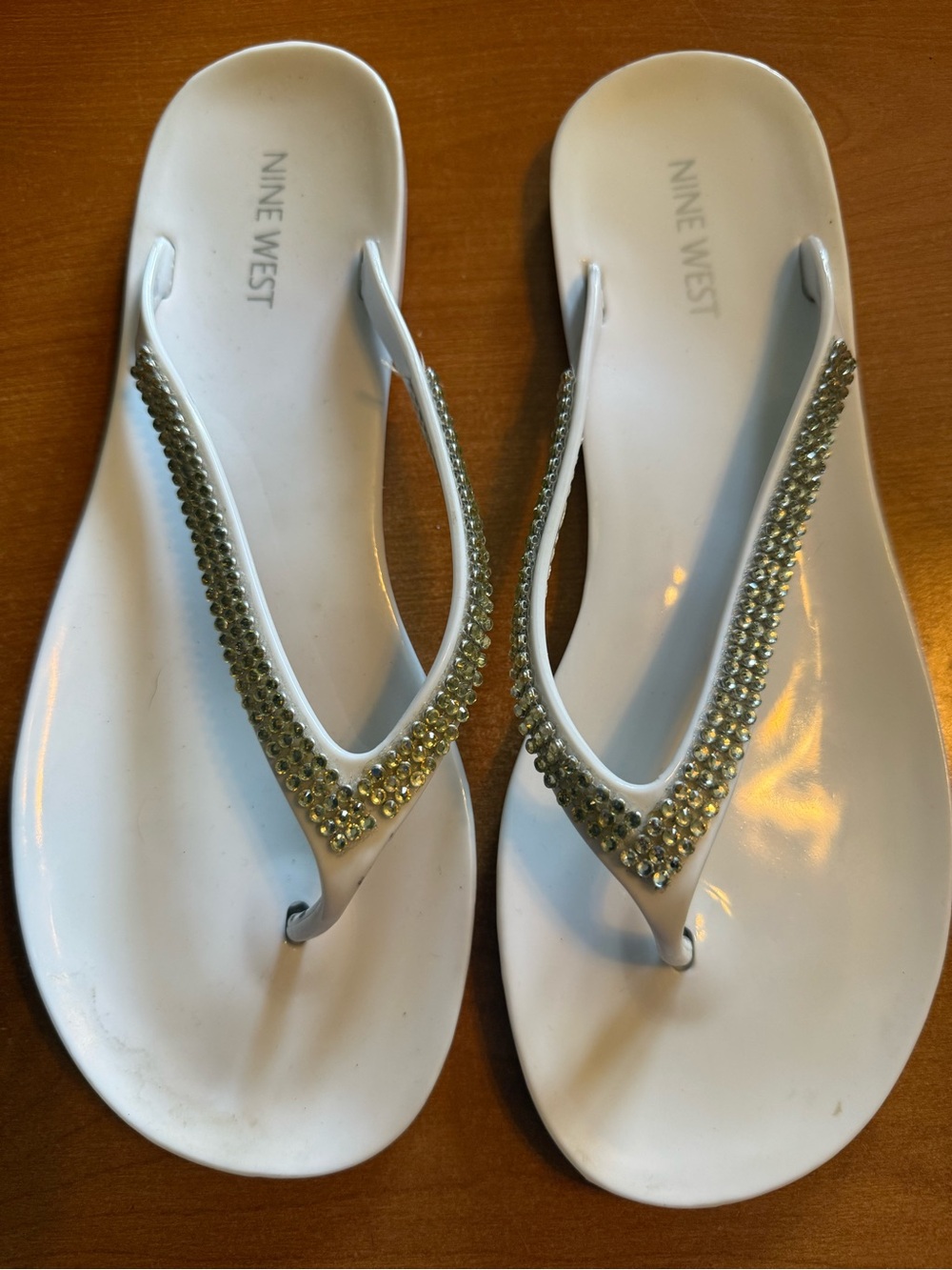Nine West White Flip Flop Sandals with Rhinestone Straps, Size 9